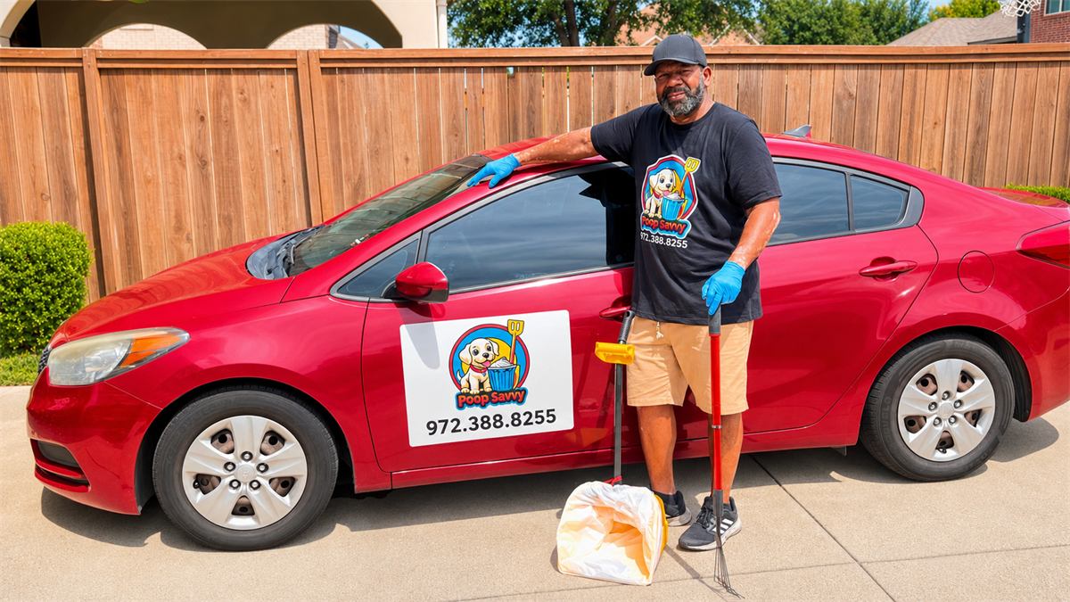 Josh Reed of Poop Savvy in his work shirt leaning on the red Poop Savvy car with scoop tools